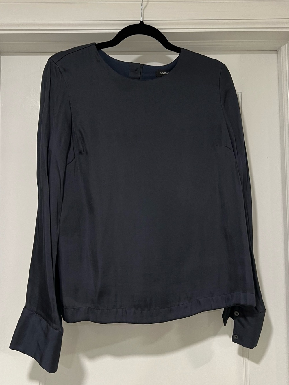 Banana Republic Dark Navy Long-Sleeve Silk Crewneck Blouse